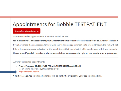 Screenshot of the Appointments screen with Appointment Check-in link highlighted.