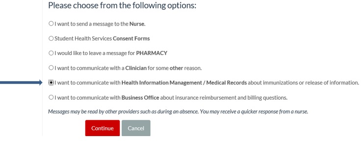 Screenshot of options screen with "I want to communicate with Health Information Management / Medical Records about immunizations or release of information. 