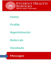 Screenshot of the Patient Health Portal with the Messages link highlighted.
